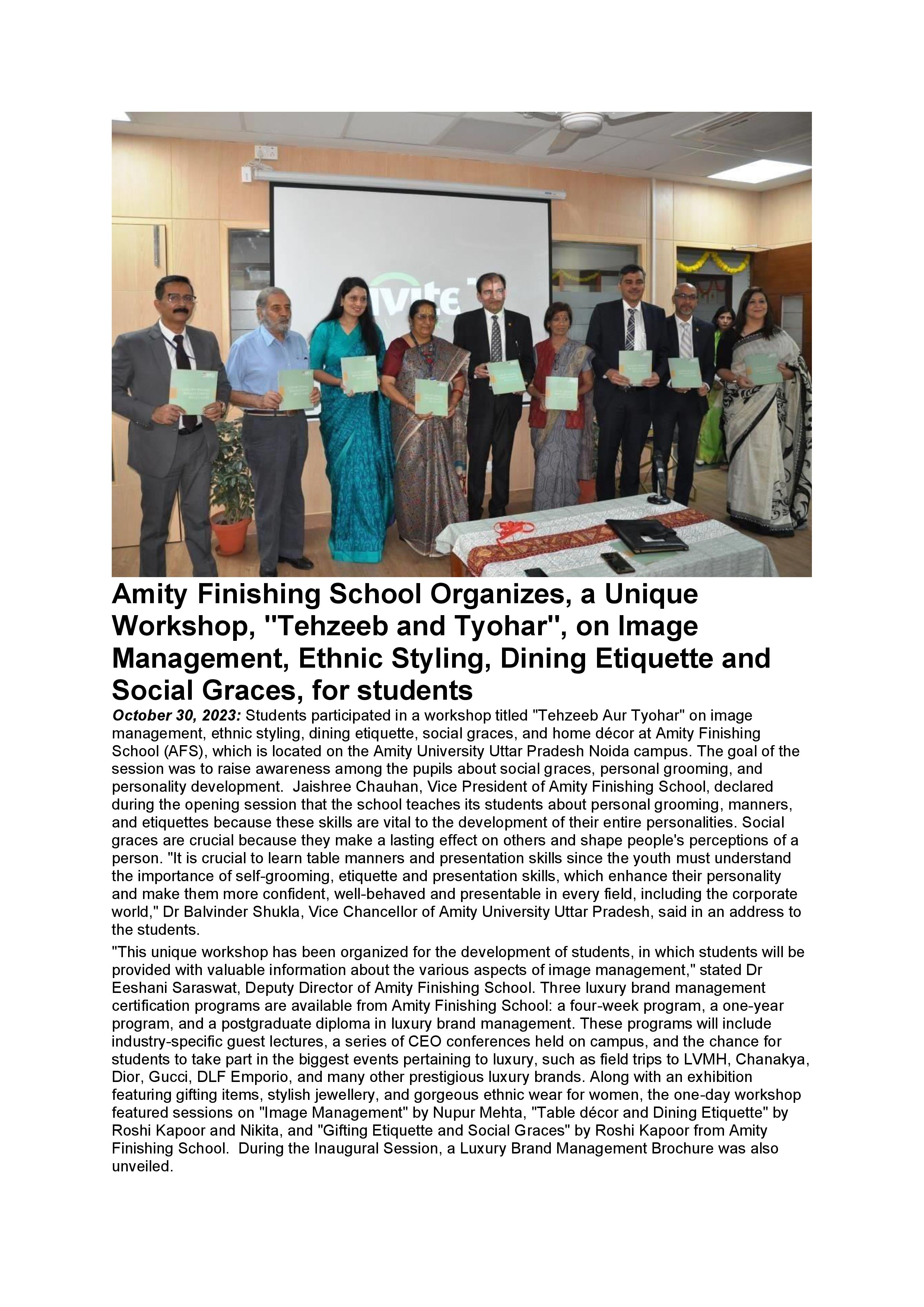 Amity Finishing School organizes a workshop titled, Tehzeeb and Tyohar for students